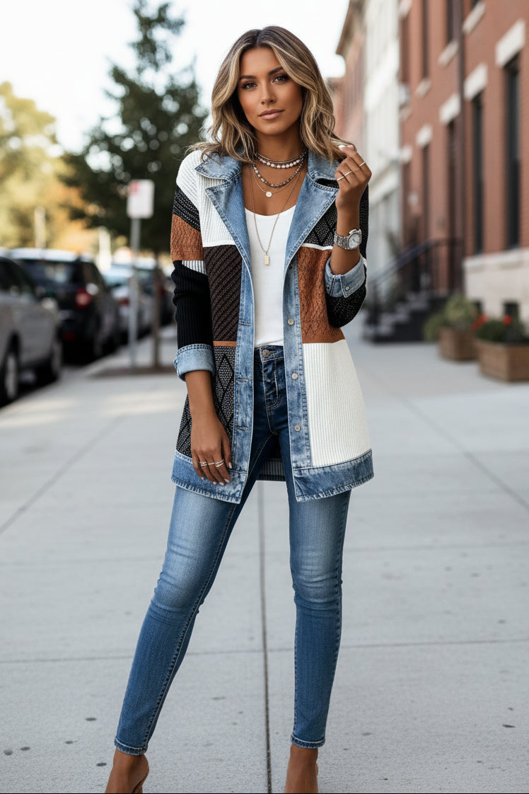 Deborah | Casual Knit Cardigan Jacket with Denim Collar and Colour Block Panels