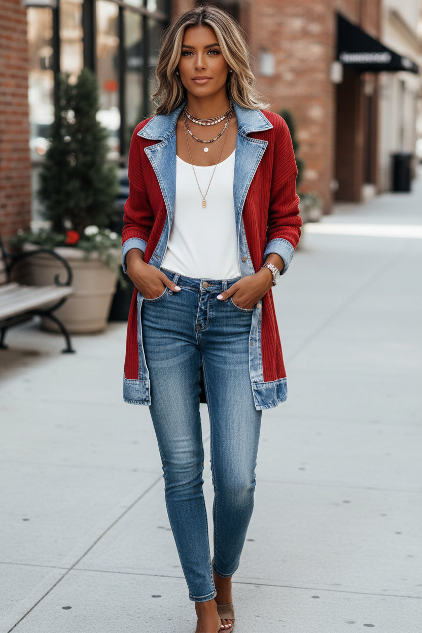 Deborah | Casual Knit Cardigan Jacket with Denim Collar and Colour Block Panels