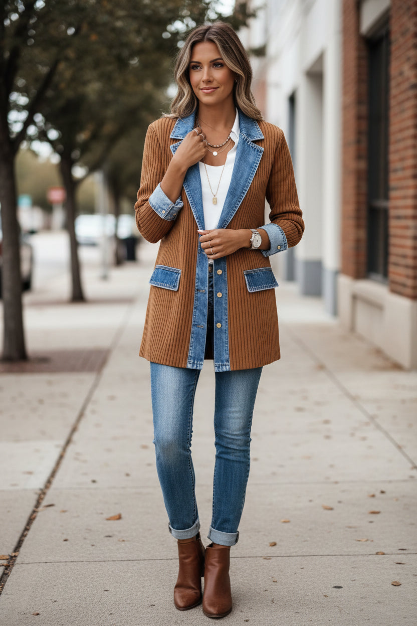 Deborah | Casual Knit Cardigan Jacket with Denim Collar and Colour Block Panels