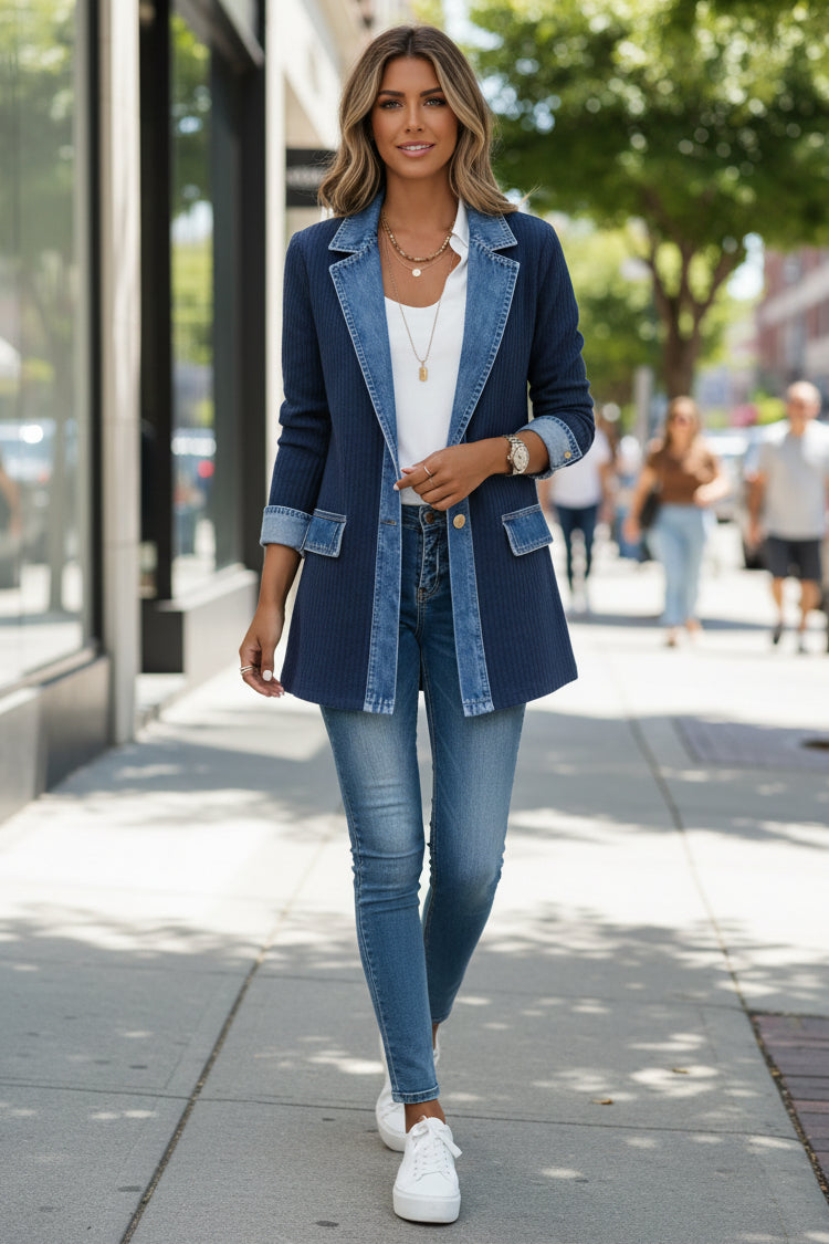 Deborah | Casual Knit Cardigan Jacket with Denim Collar and Colour Block Panels