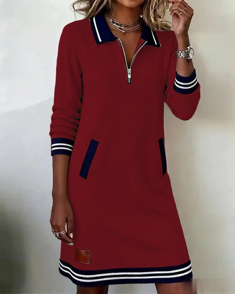 Vicky | Casual Sweatshirt Mini Dress with Contrast Trim and Zip Collar