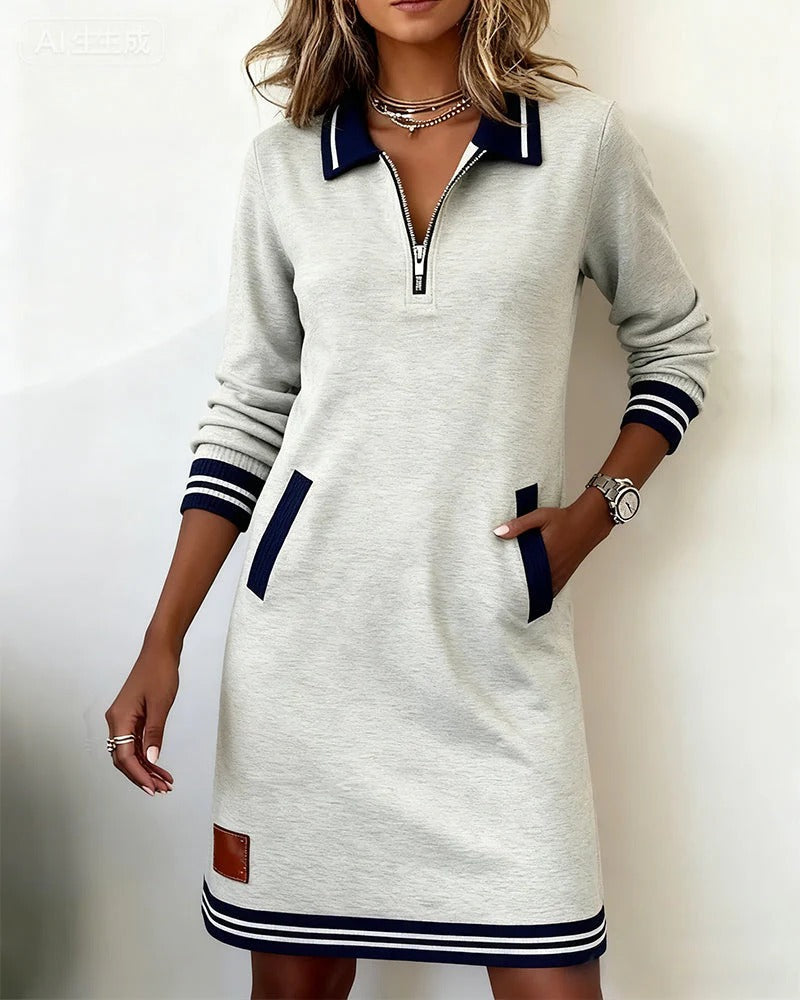 Vicky | Casual Sweatshirt Mini Dress with Contrast Trim and Zip Collar