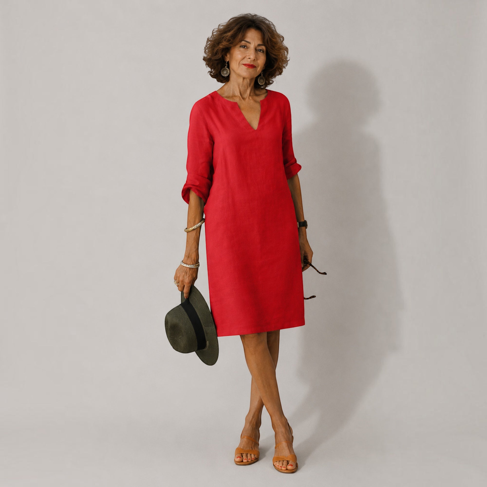 Ellmont London | Women’s Lightweight 3/4 Sleeve Casual Easy Fit V-Neck Midi Dress