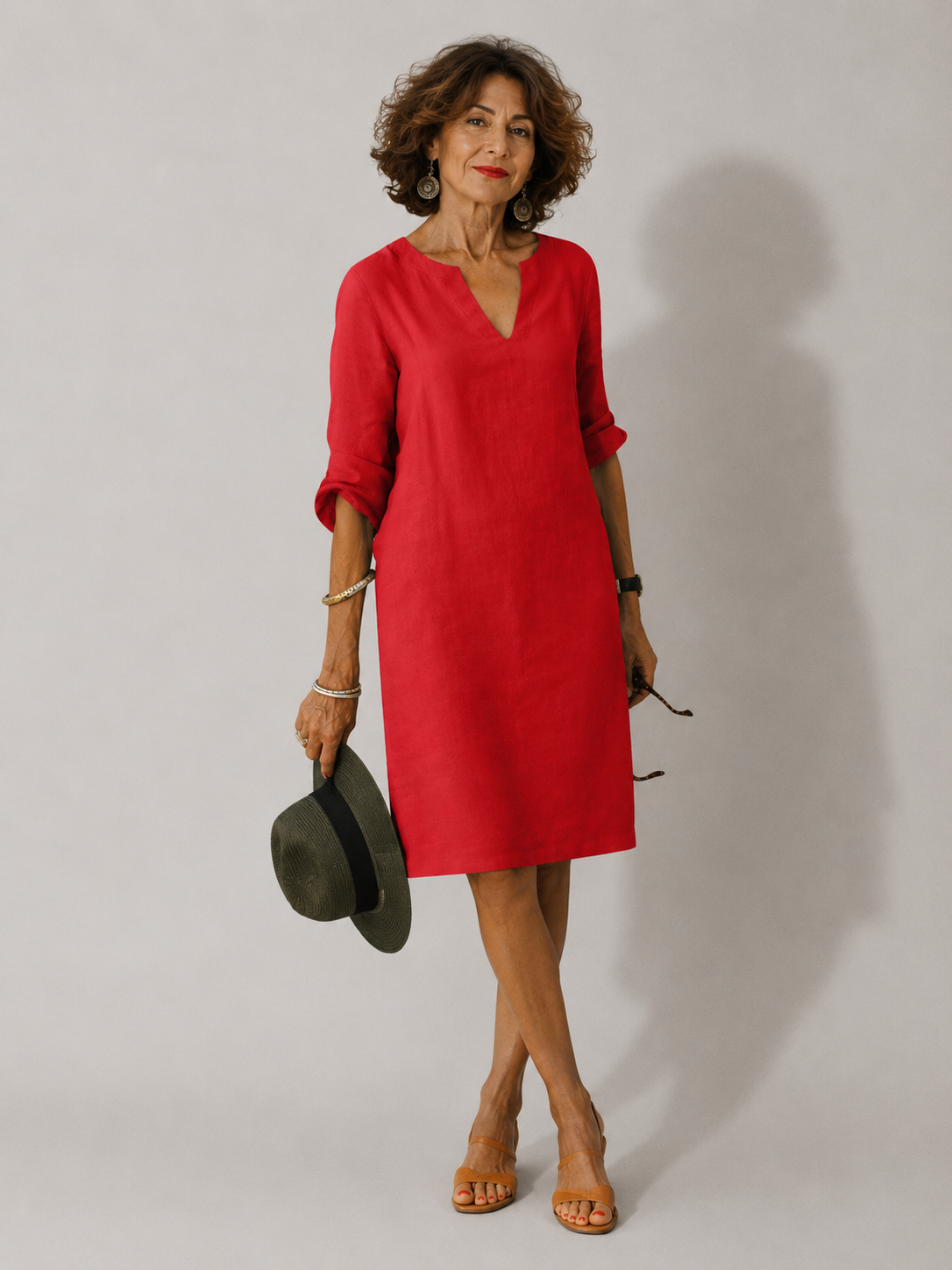 Ellmont London | Women’s Lightweight 3/4 Sleeve Casual Easy Fit V-Neck Midi Dress