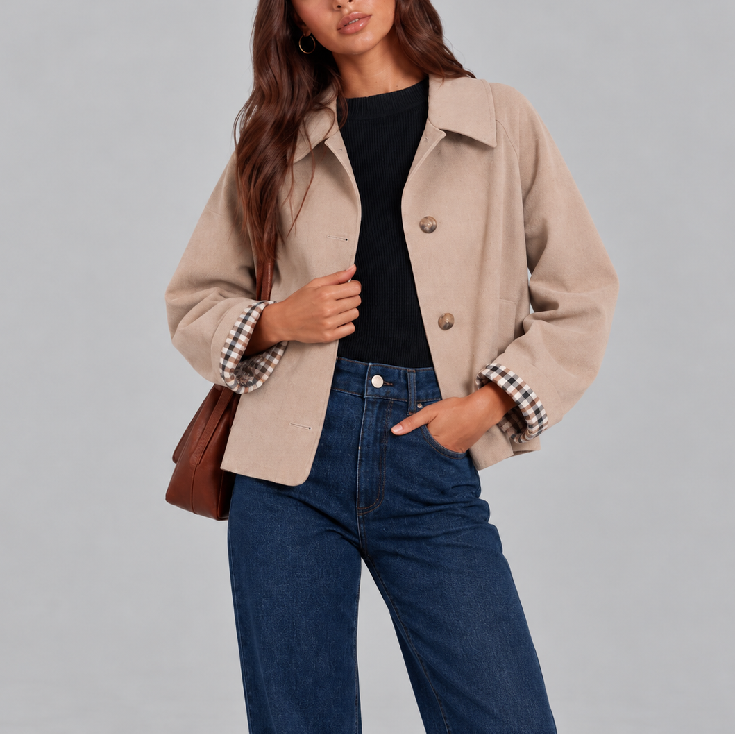 Women's Cropped Trench Coat – Plaid Lined Short Trench Jacket