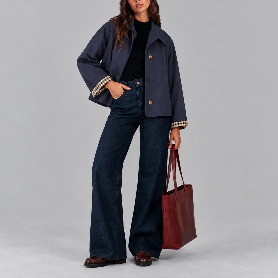 Women's Cropped Trench Coat – Plaid Lined Short Trench Jacket