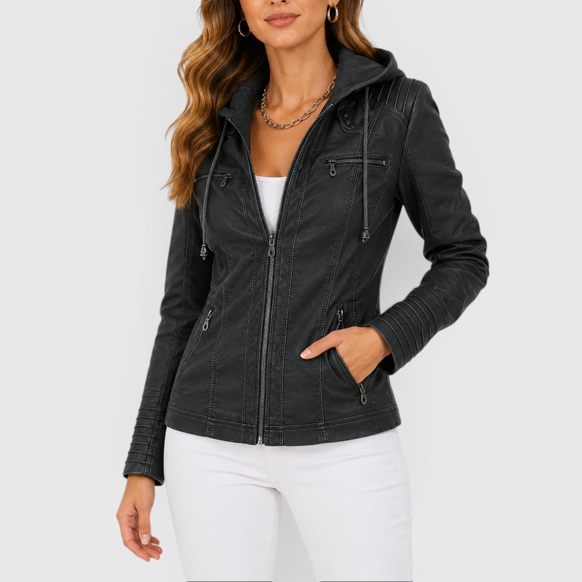 Una | Women's Leather Jacket – Faux Leather Lightweight Hooded Jacket