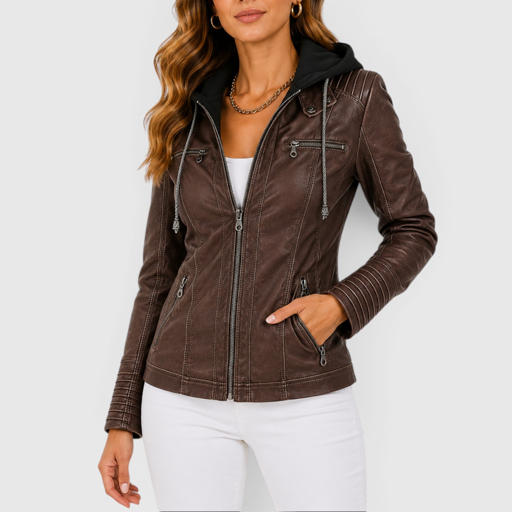 Una | Women's Leather Jacket – Faux Leather Lightweight Hooded Jacket