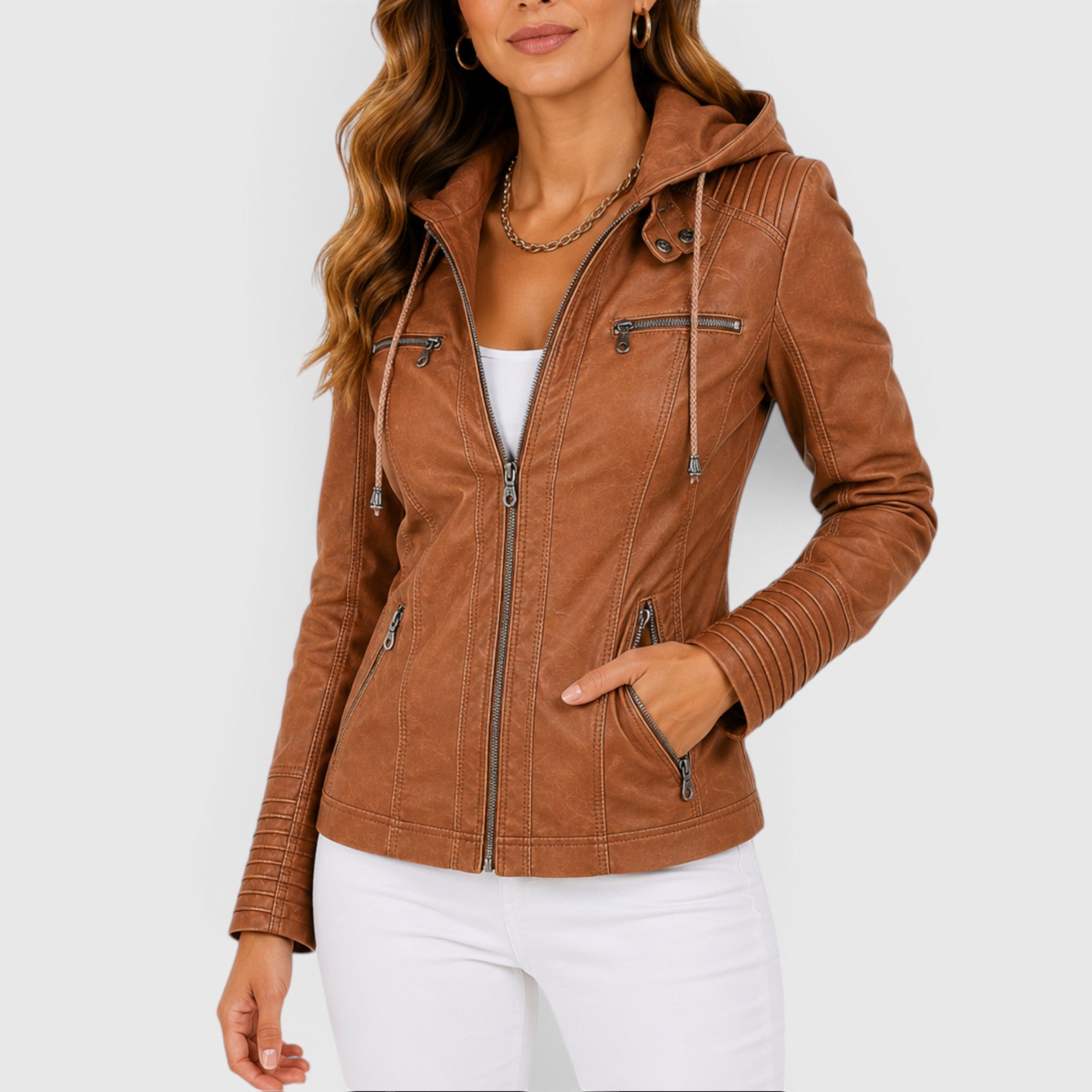 Una | Women's Leather Jacket – Faux Leather Lightweight Hooded Jacket