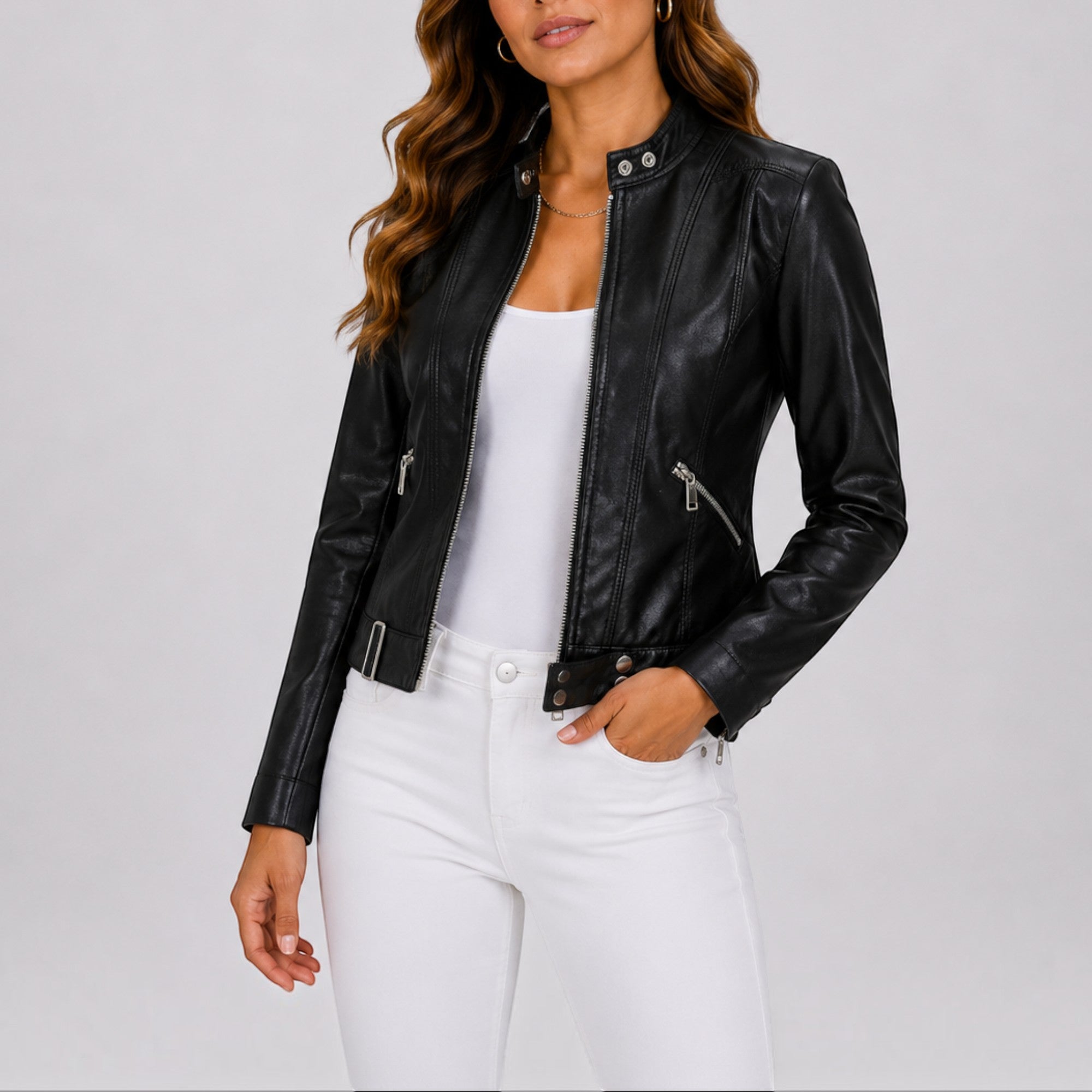 Ellmont London | Leather Jacket Women's Elegant Leather Look Jacket with Zip Pockets