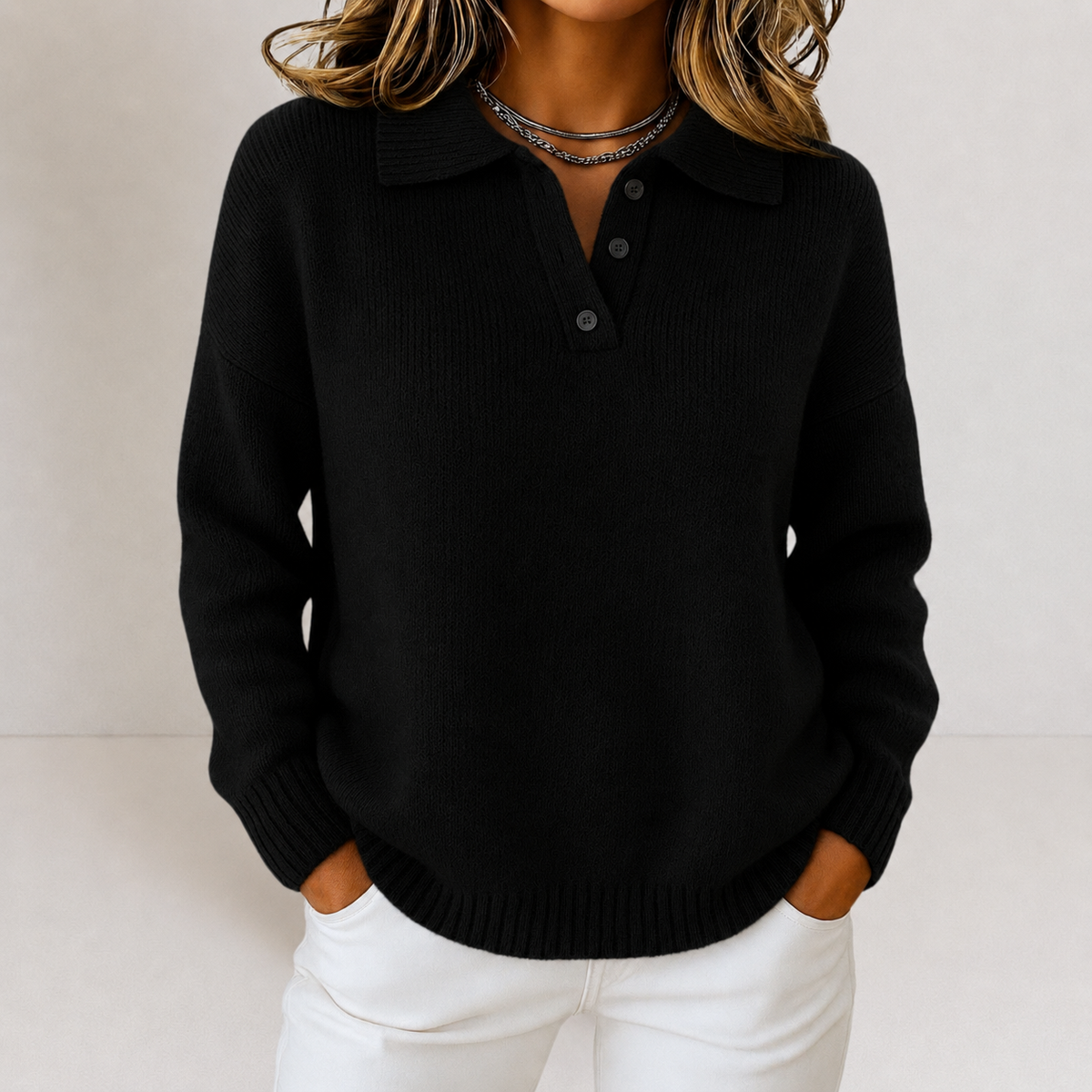 Ivy | Knit Sweater with Polo Collar and Button Placket