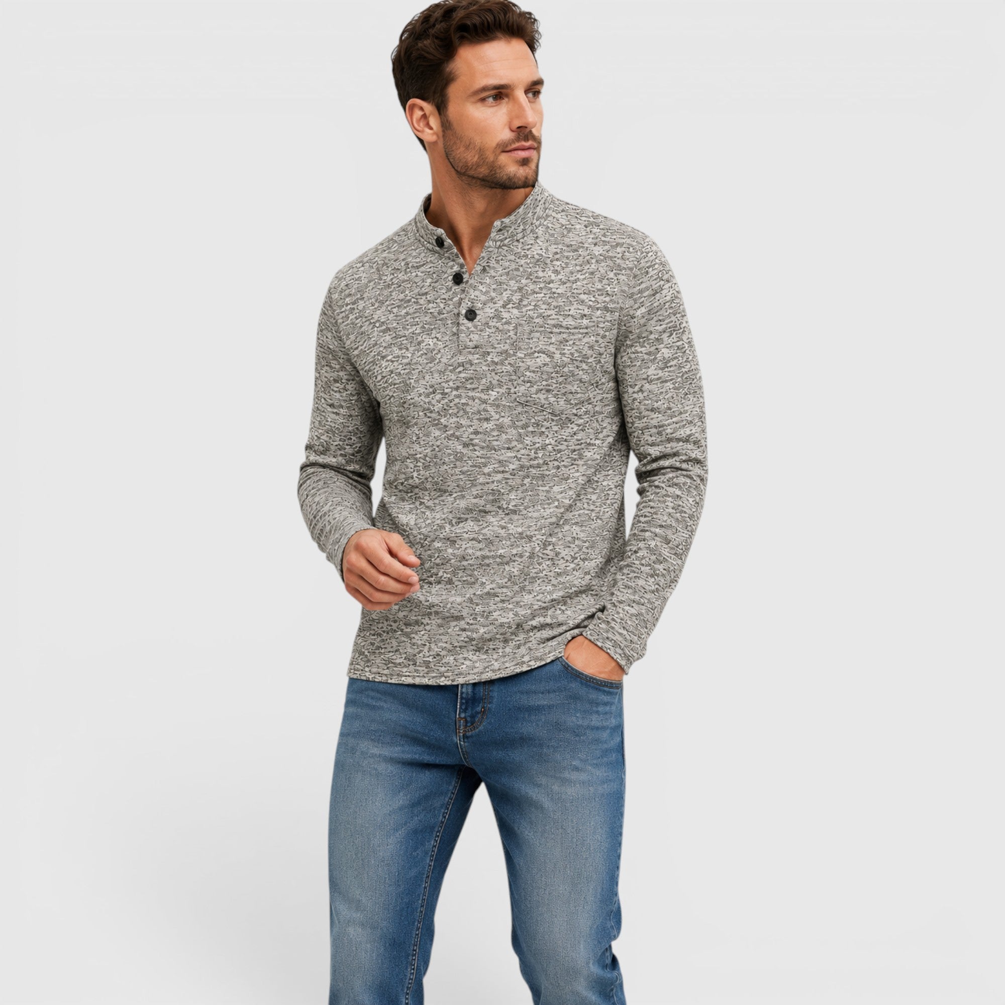 Ellmont London | Men's Stand Collar Button Up Long Sleeve Polo with Chest Pocket