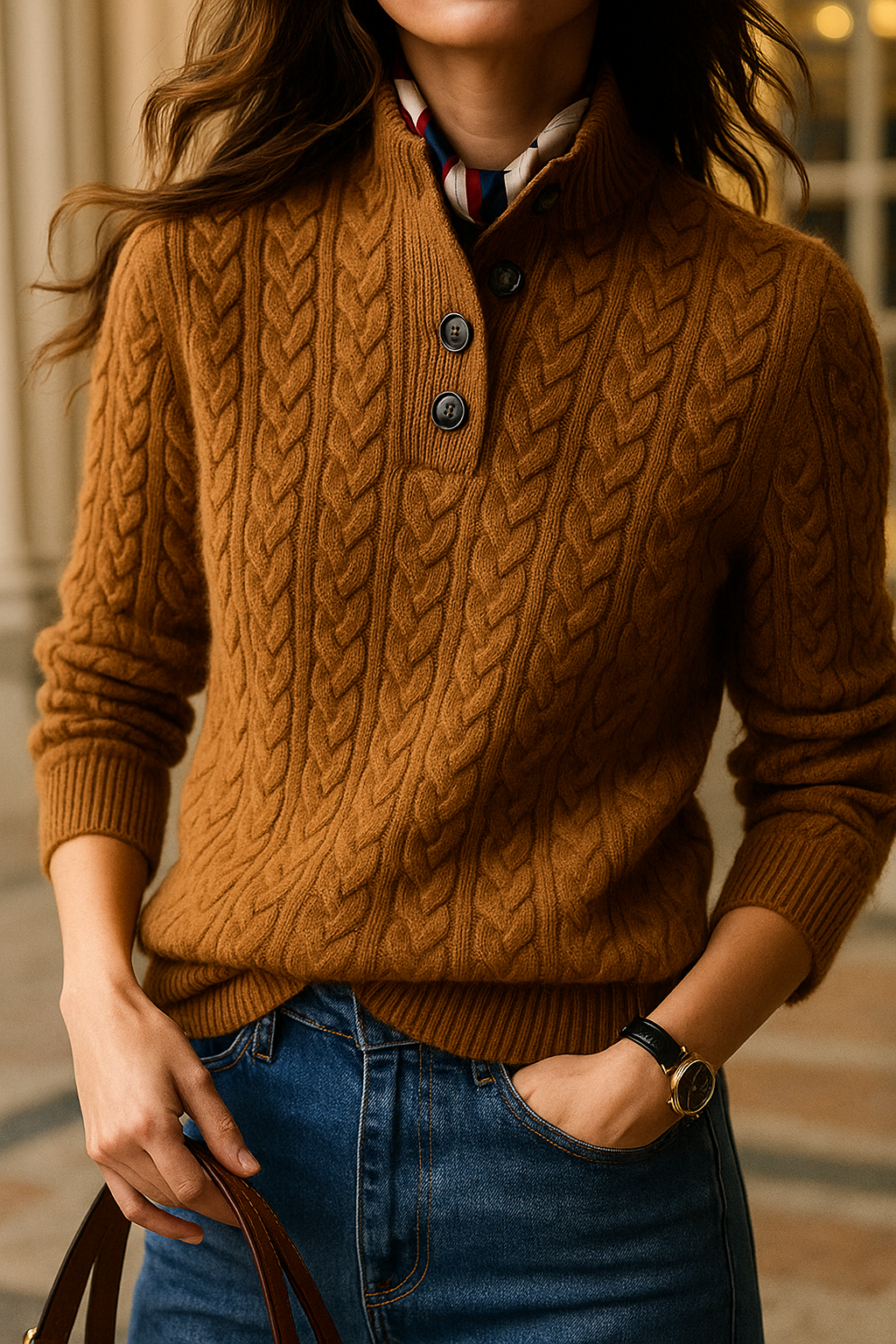 Isabelle | Cosy Cable Knit Cashmere Sweater with Button Neck