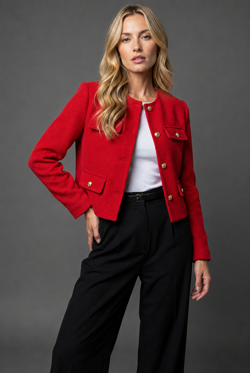 Isla | Cropped Tweed Blazer with Gold Buttons and Flap Pockets