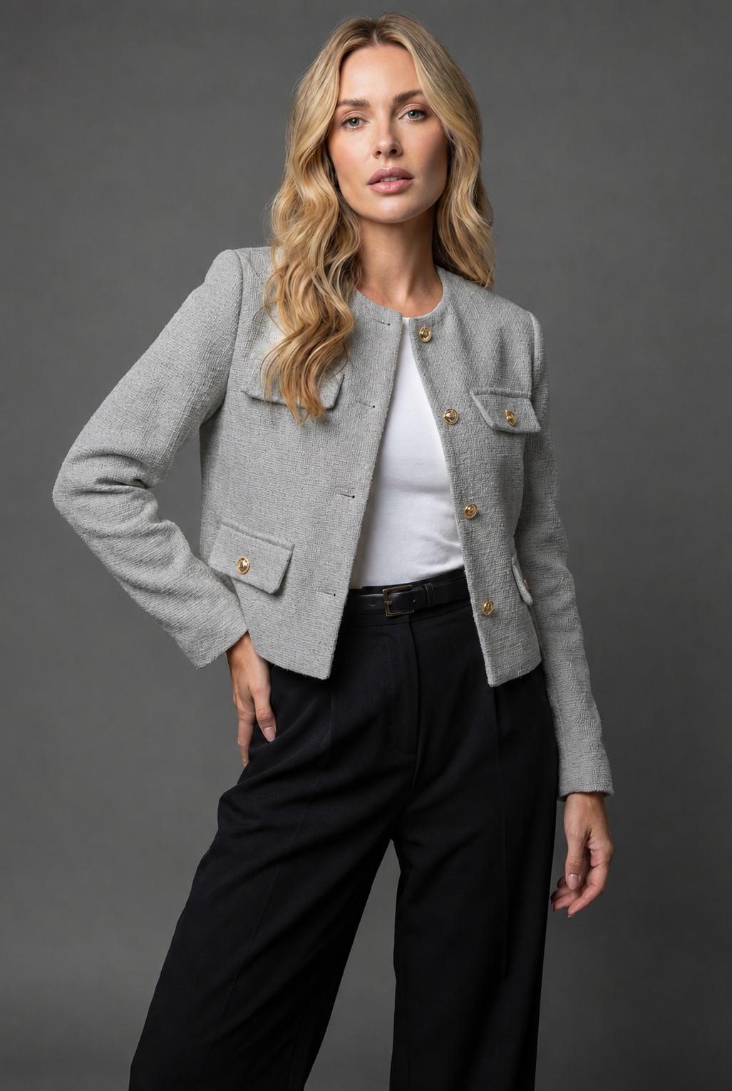 Isla | Cropped Tweed Blazer with Gold Buttons and Flap Pockets