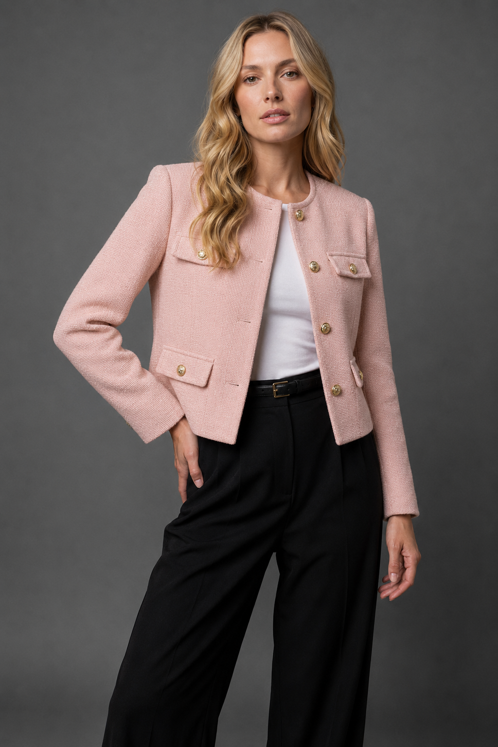 Isla | Cropped Tweed Blazer with Gold Buttons and Flap Pockets