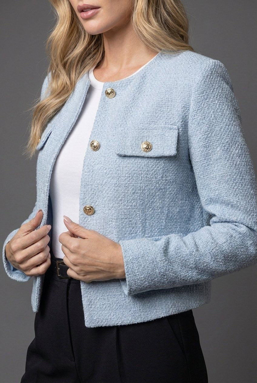 Isla | Cropped Tweed Blazer with Gold Buttons and Flap Pockets