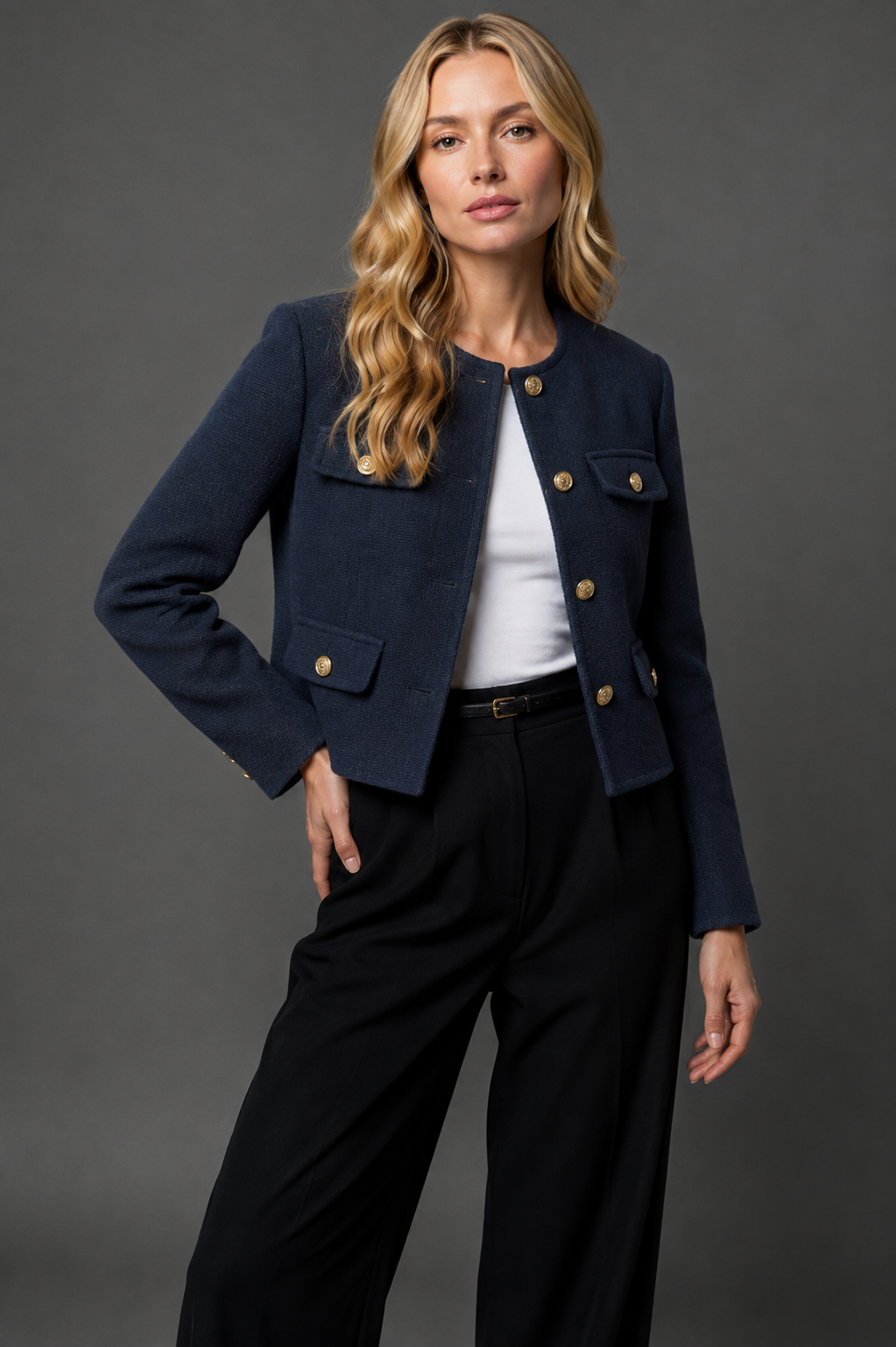 Isla | Cropped Tweed Blazer with Gold Buttons and Flap Pockets