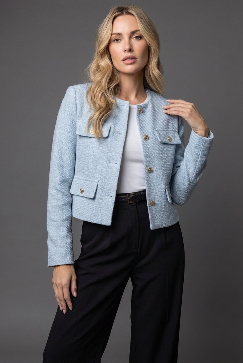 Isla | Cropped Tweed Blazer with Gold Buttons and Flap Pockets