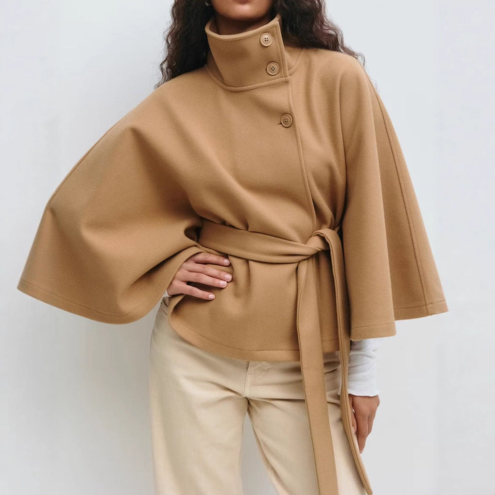 Wanda | Elegant Belted Cape Coat with Stand Collar and Button Closure
