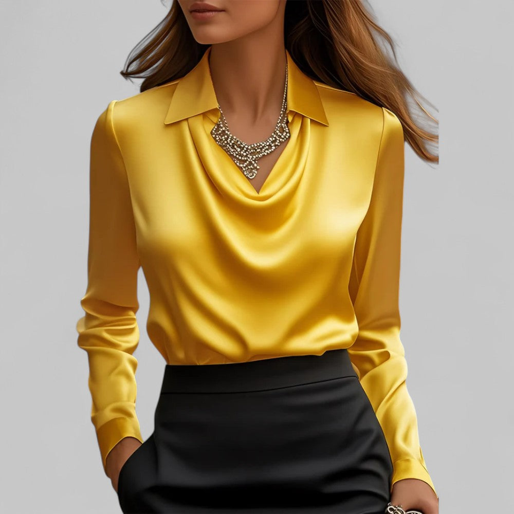 Fern | Elegant Satin Blouse with Draped Neckline and Classic Collar