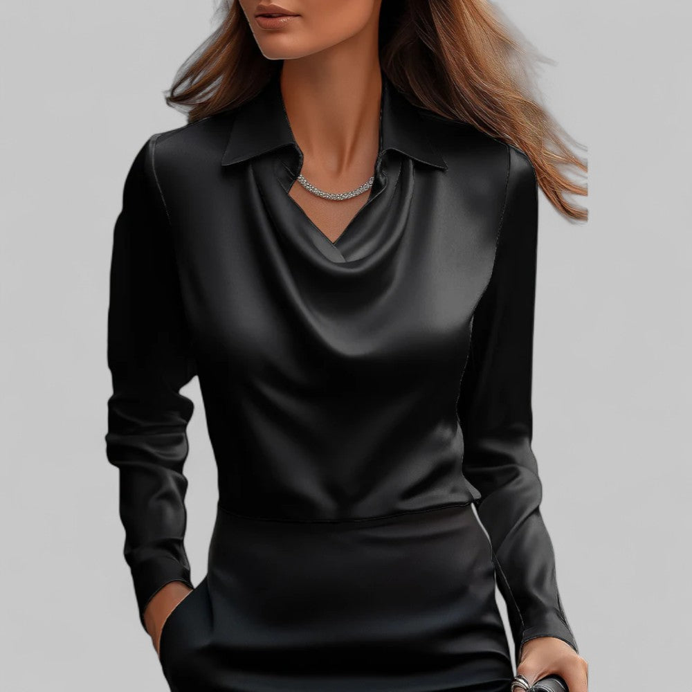 Fern | Elegant Satin Blouse with Draped Neckline and Classic Collar