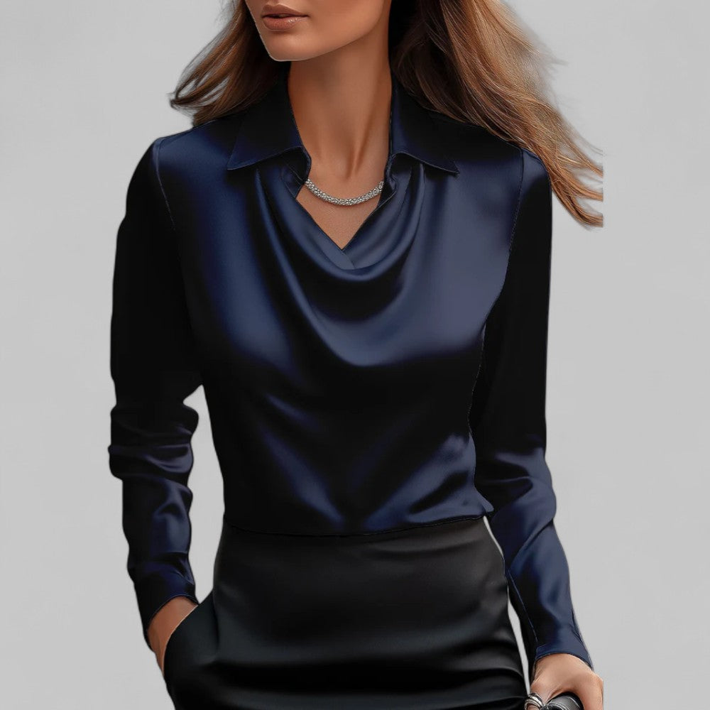 Fern | Elegant Satin Blouse with Draped Neckline and Classic Collar