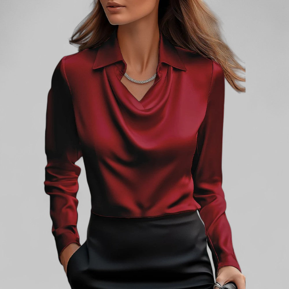 Fern | Elegant Satin Blouse with Draped Neckline and Classic Collar