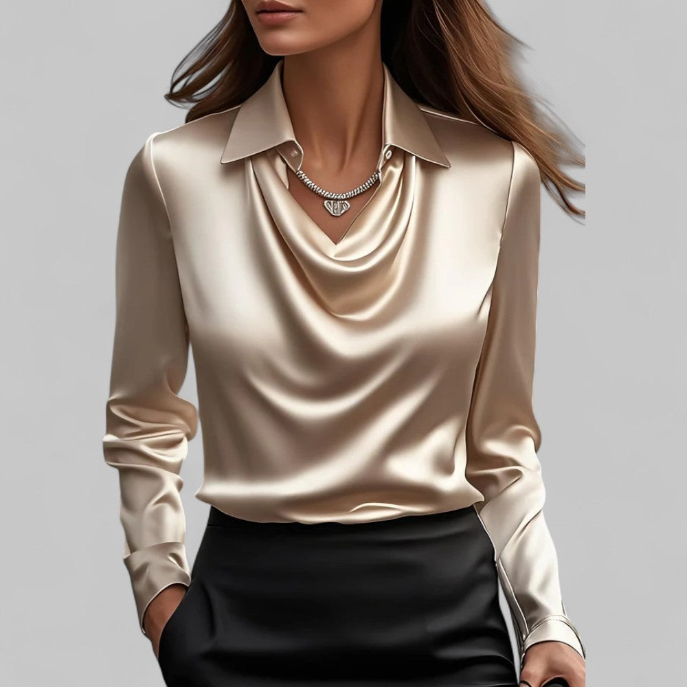Fern | Elegant Satin Blouse with Draped Neckline and Classic Collar
