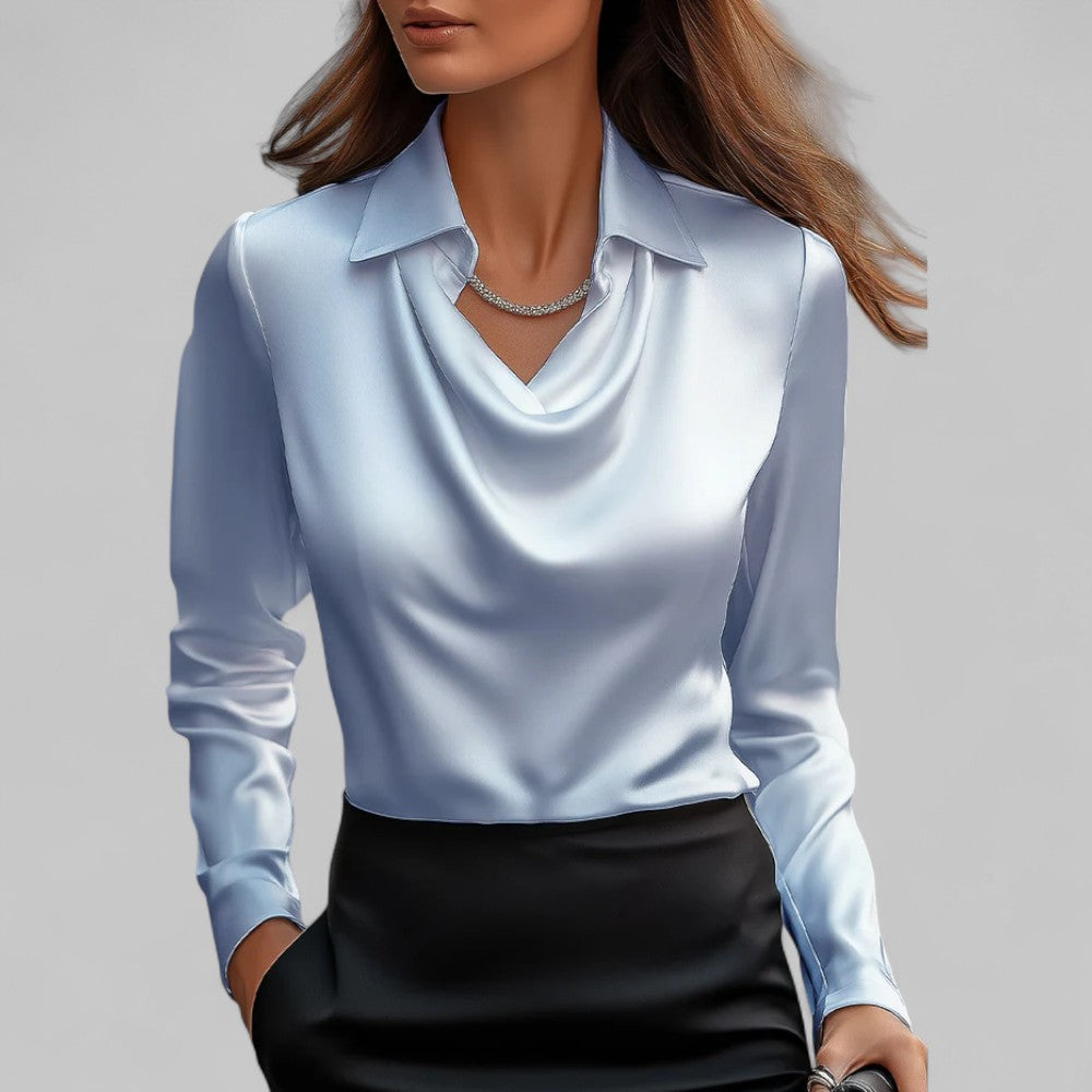 Fern | Elegant Satin Blouse with Draped Neckline and Classic Collar