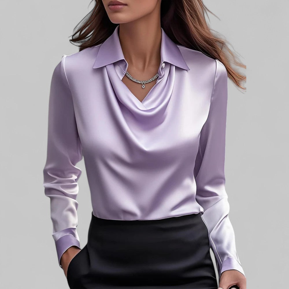 Fern | Elegant Satin Blouse with Draped Neckline and Classic Collar