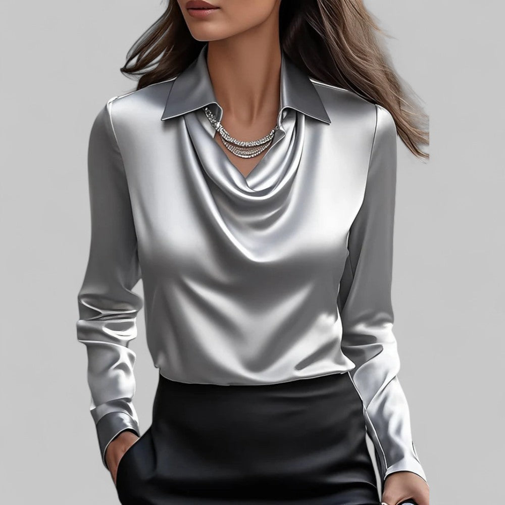 Fern | Elegant Satin Blouse with Draped Neckline and Classic Collar