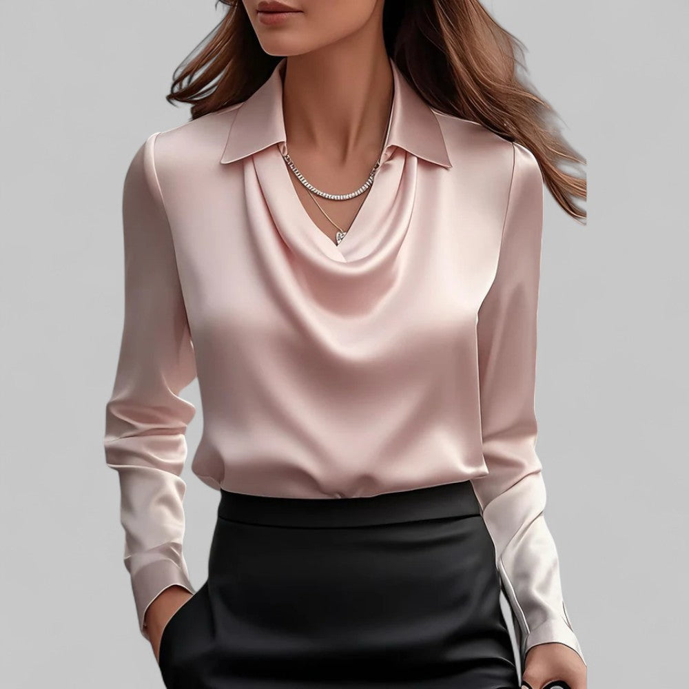 Fern | Elegant Satin Blouse with Draped Neckline and Classic Collar