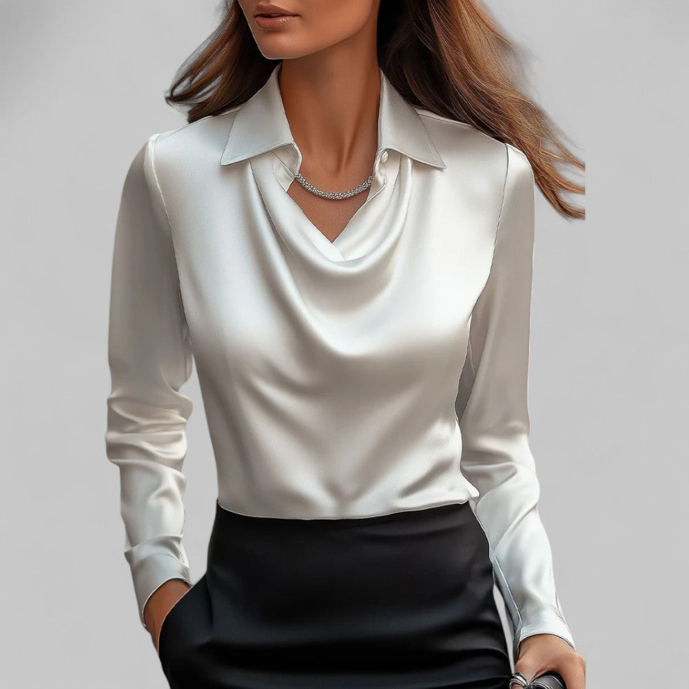 Fern | Elegant Satin Blouse with Draped Neckline and Classic Collar