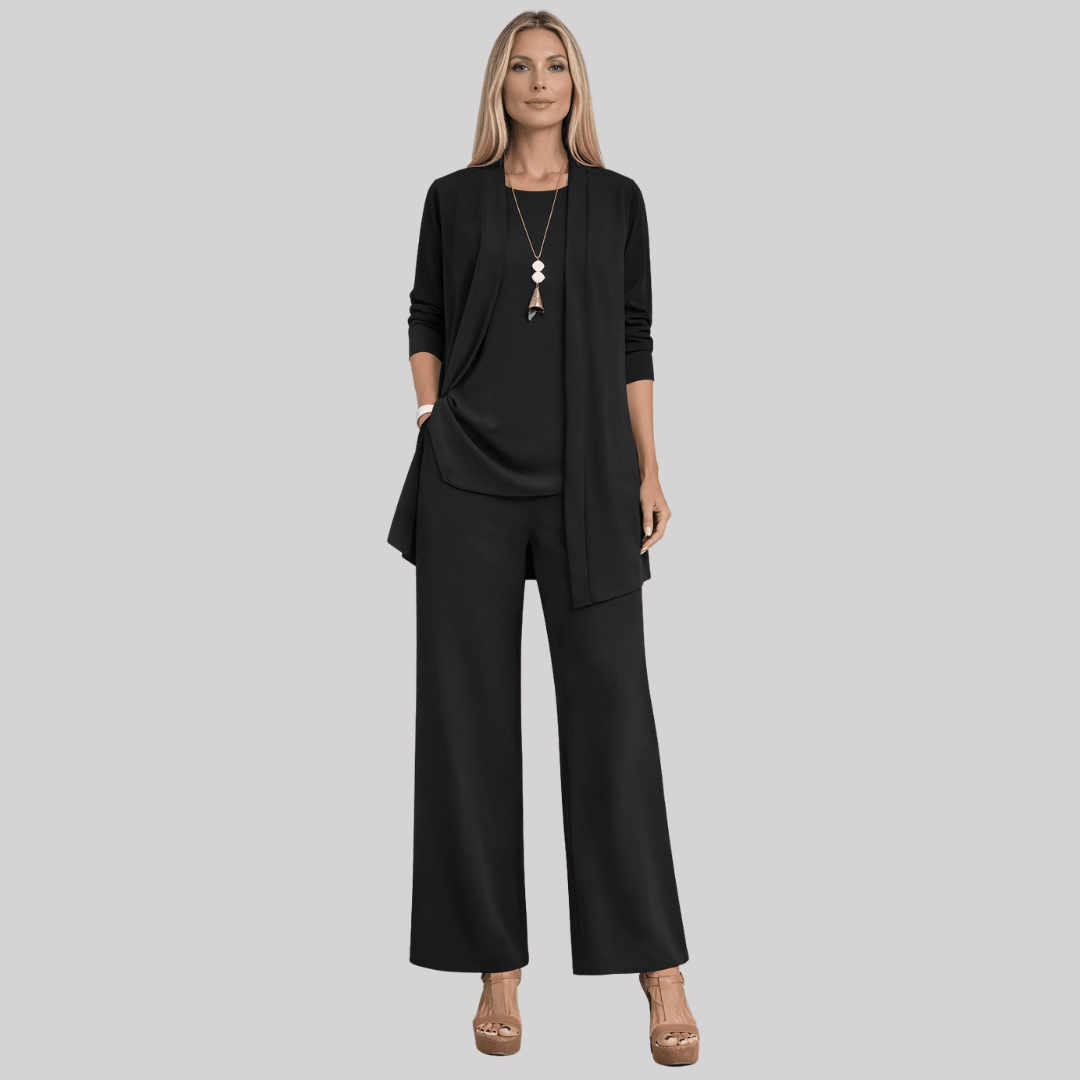 Celia | Elegant Three Piece Trouser Suit with Longline Cardigan and Wide Leg Trousers