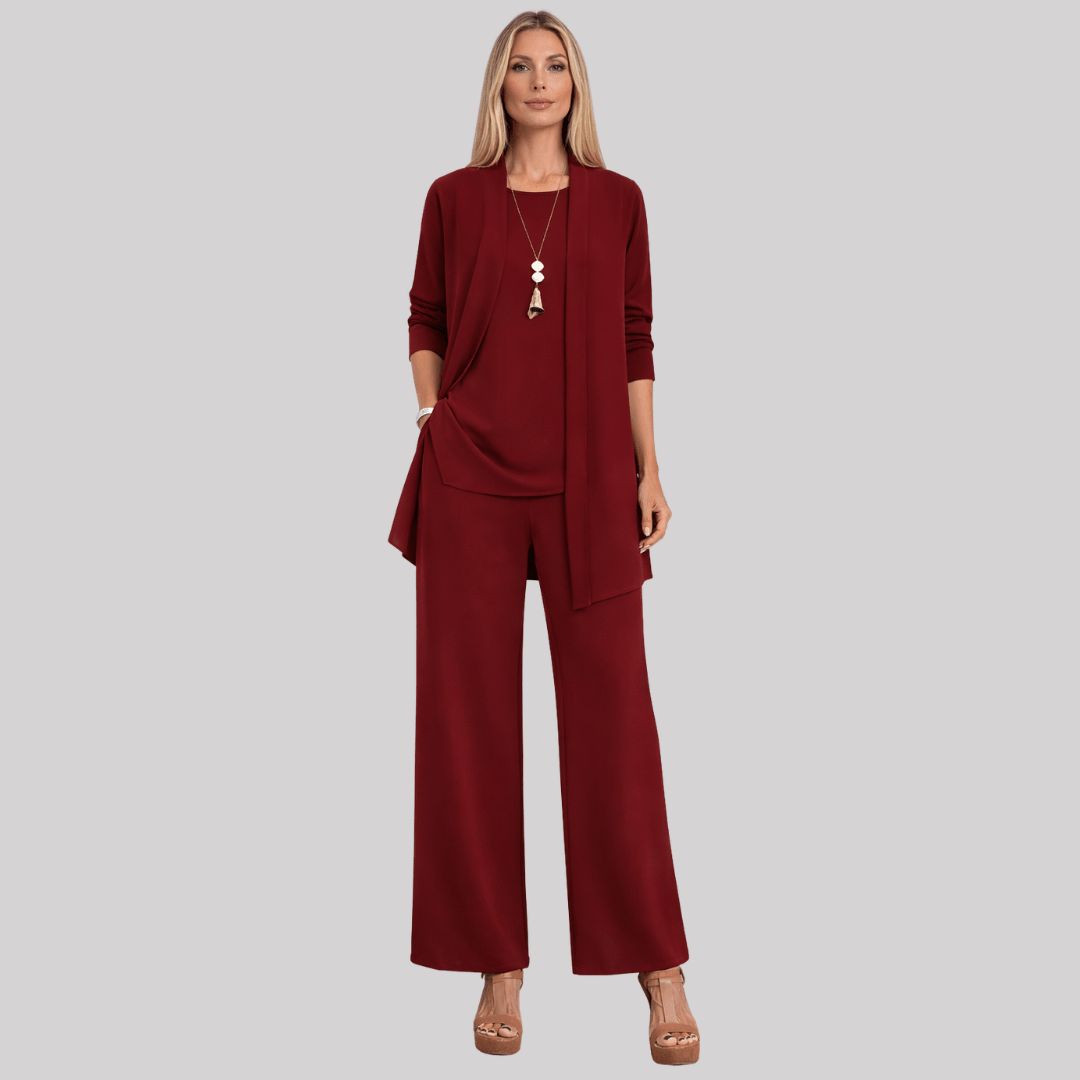 Celia | Elegant Three Piece Trouser Suit with Longline Cardigan and Wide Leg Trousers