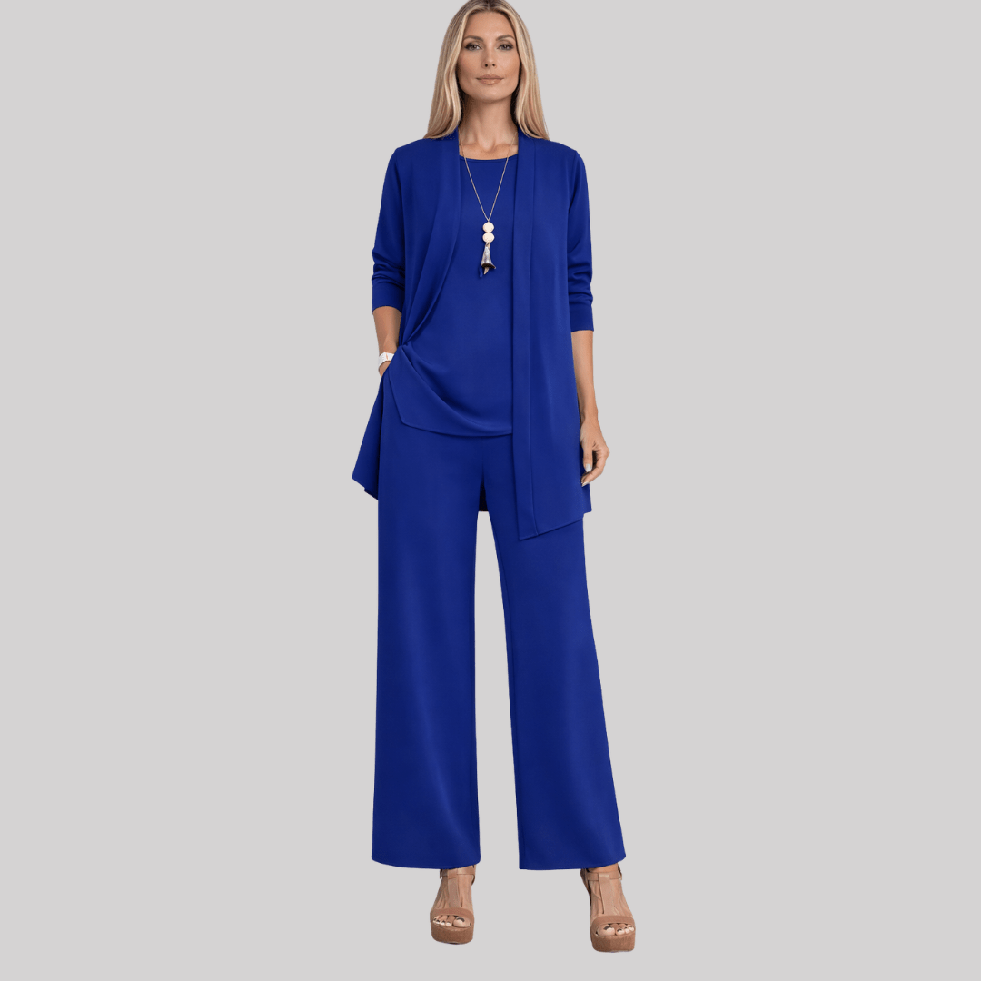 Celia | Elegant Three Piece Trouser Suit with Longline Cardigan and Wide Leg Trousers