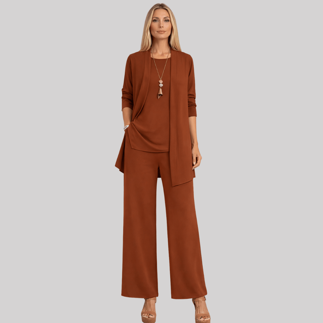 Celia | Elegant Three Piece Trouser Suit with Longline Cardigan and Wide Leg Trousers