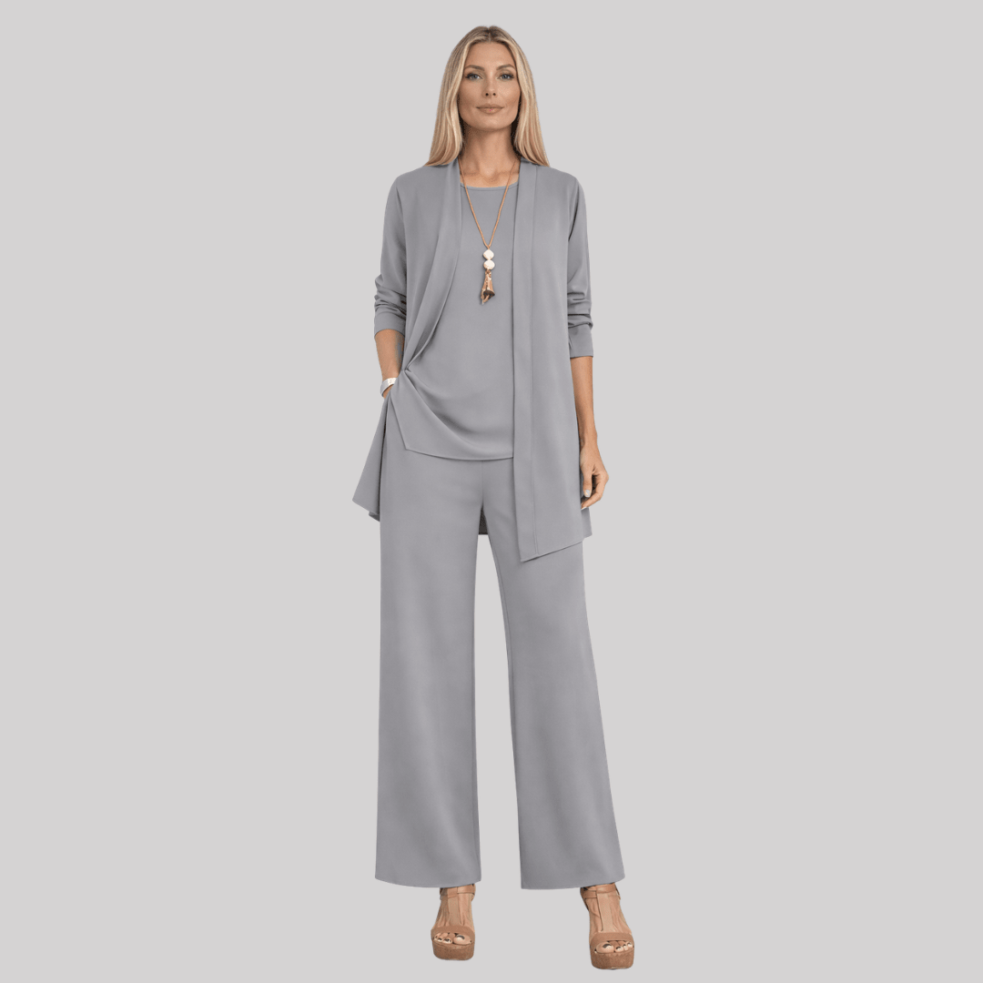 Celia | Elegant Three Piece Trouser Suit with Longline Cardigan and Wide Leg Trousers