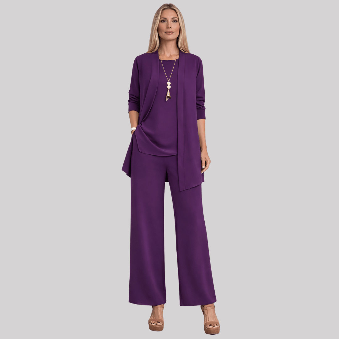 Celia | Elegant Three Piece Trouser Suit with Longline Cardigan and Wide Leg Trousers