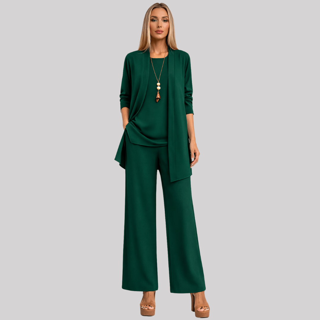 Celia | Elegant Three Piece Trouser Suit with Longline Cardigan and Wide Leg Trousers