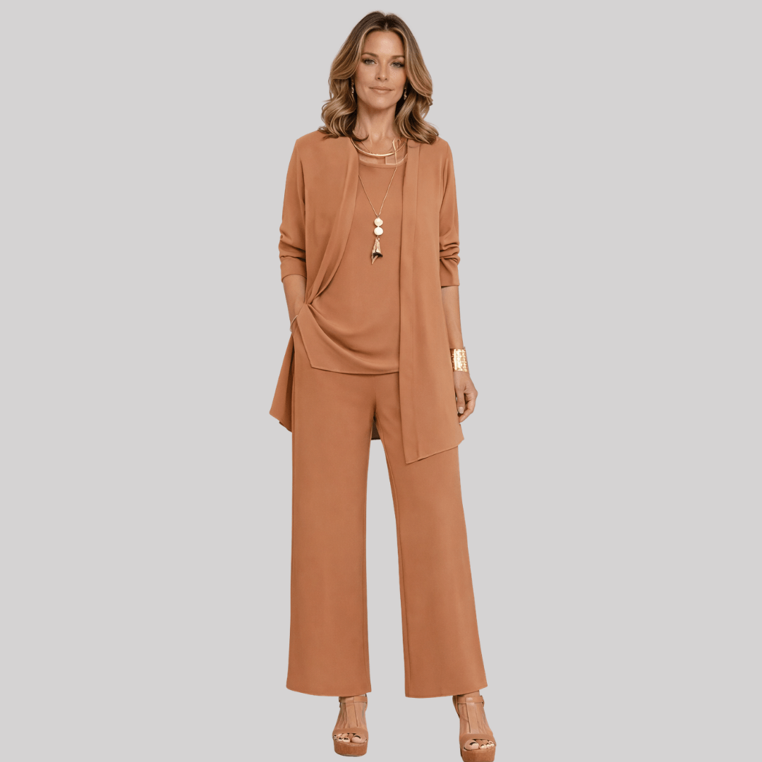 Celia | Elegant Three Piece Trouser Suit with Longline Cardigan and Wide Leg Trousers