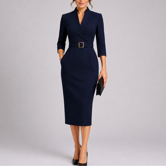 Women's Fitted Midi Dress with Belt