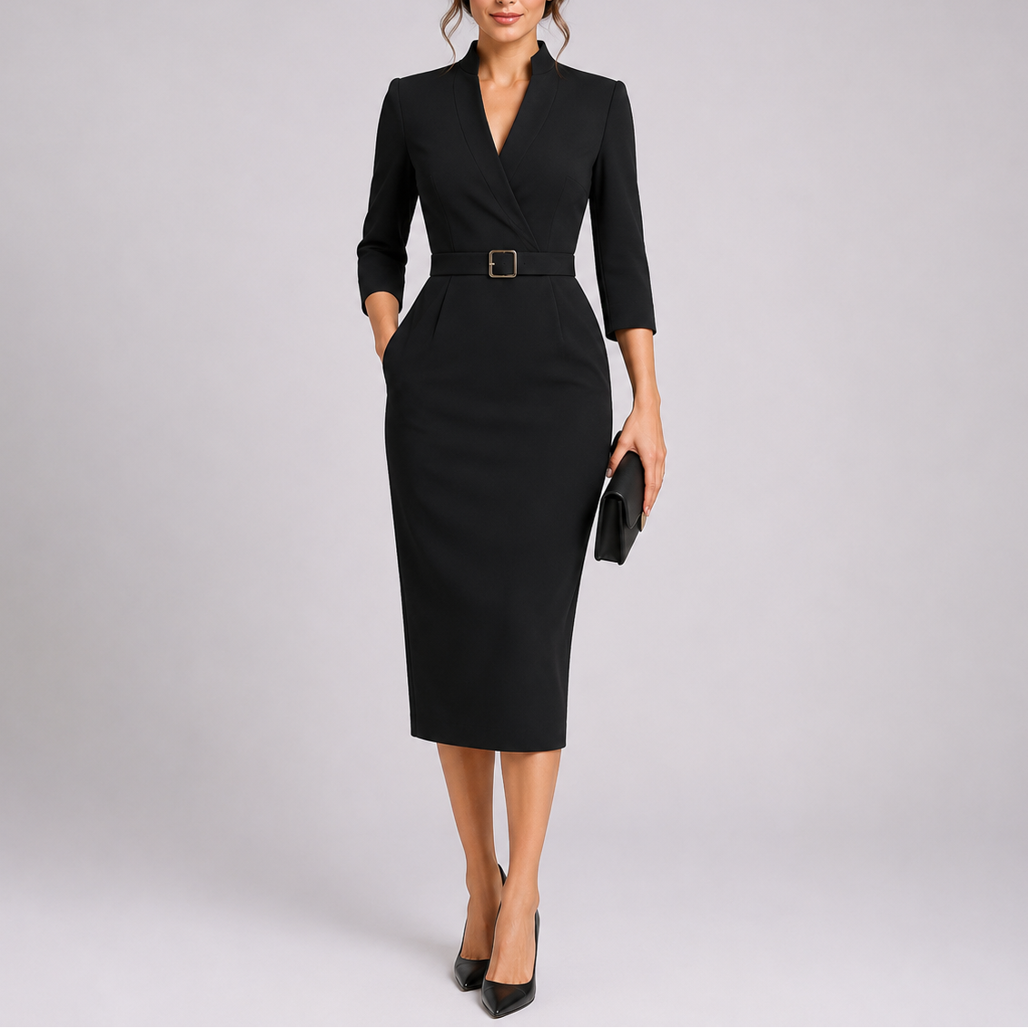 Women's Fitted Midi Dress with Belt