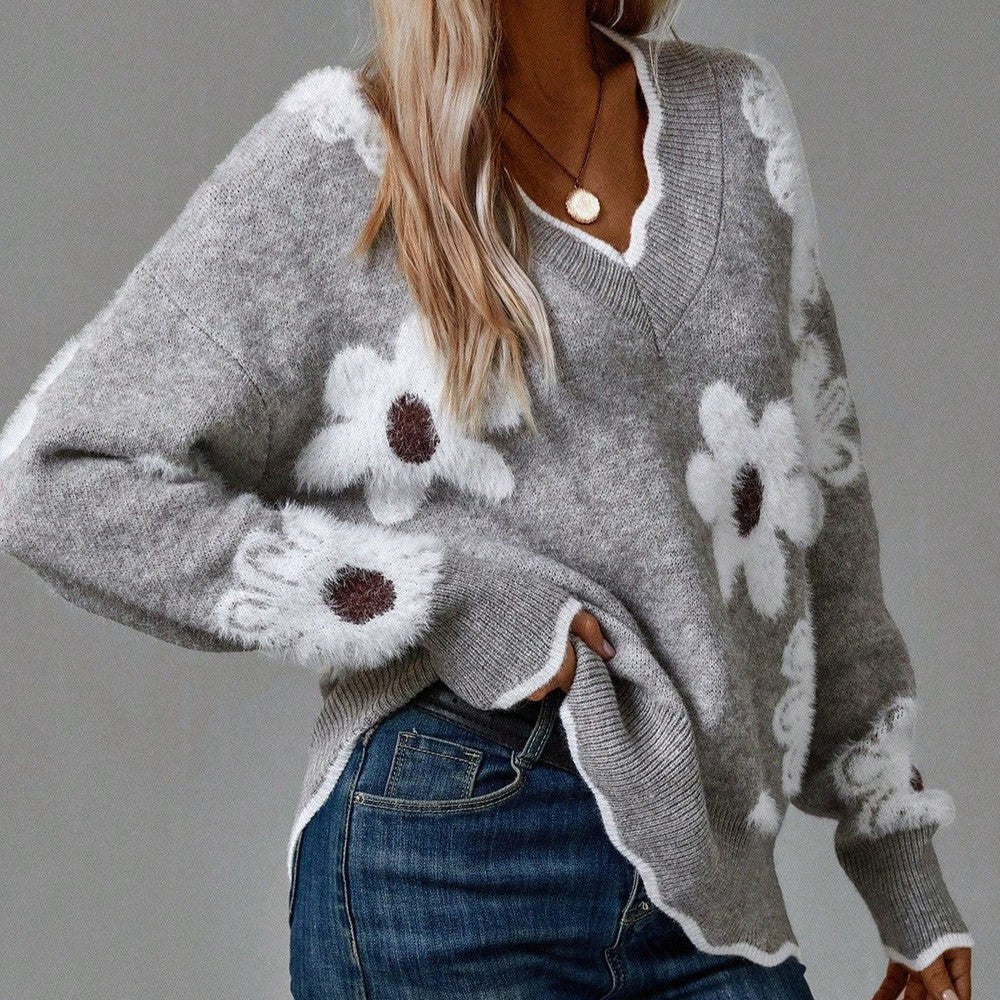 Rosalind | Floral Knit Sweater with V-Neckline and Daisy Print