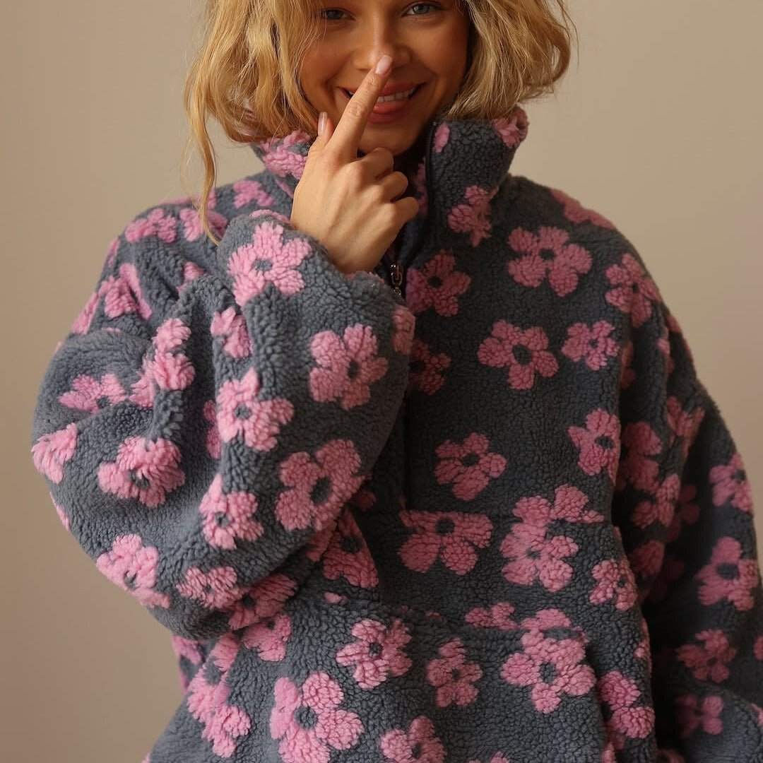Emma | Oversized Floral Teddy Fleece Jacket with Half Zip