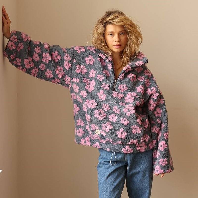 Emma | Oversized Floral Teddy Fleece Jacket with Half Zip