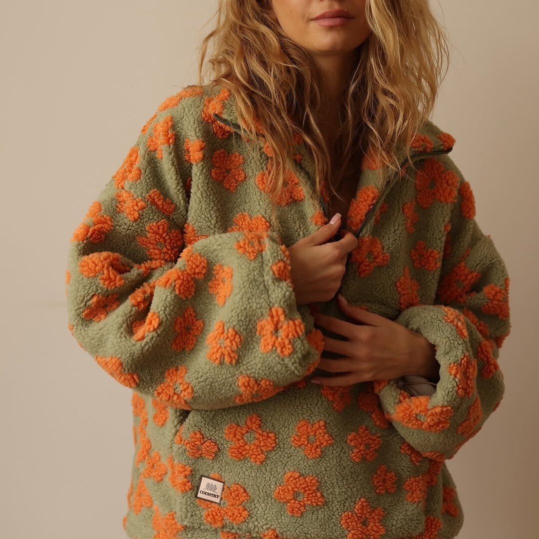 Emma | Oversized Floral Teddy Fleece Jacket with Half Zip