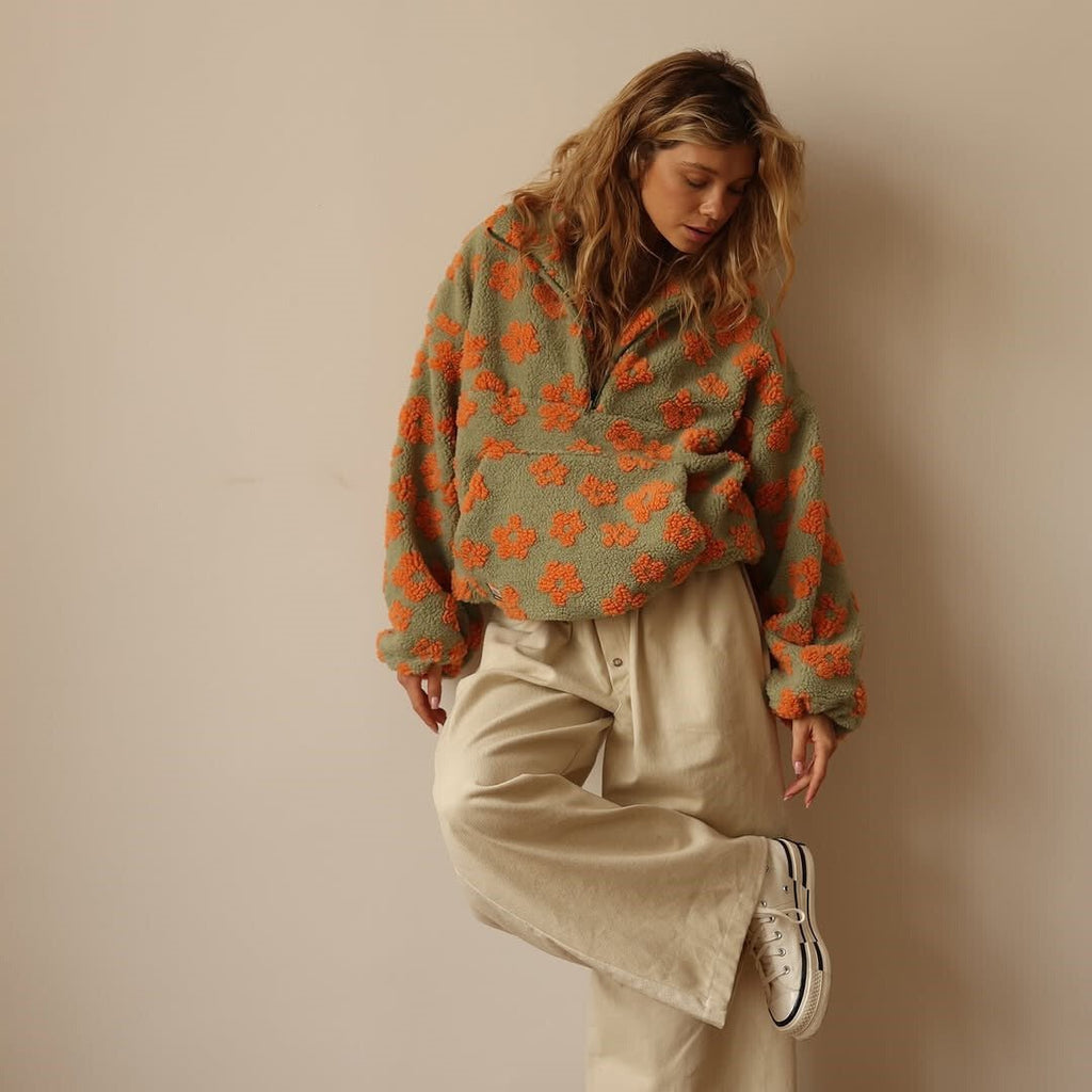 Emma | Oversized Floral Teddy Fleece Jacket with Half Zip