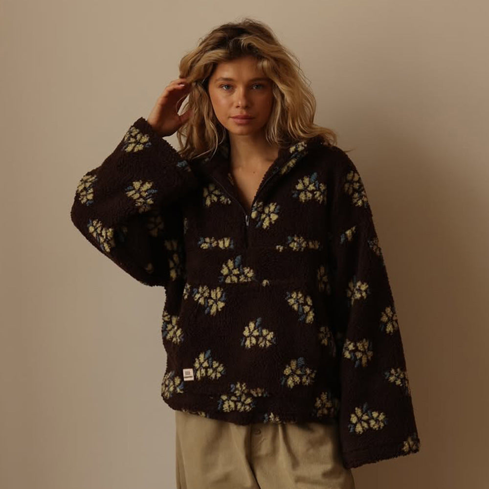 Emma | Oversized Floral Teddy Fleece Jacket with Half Zip